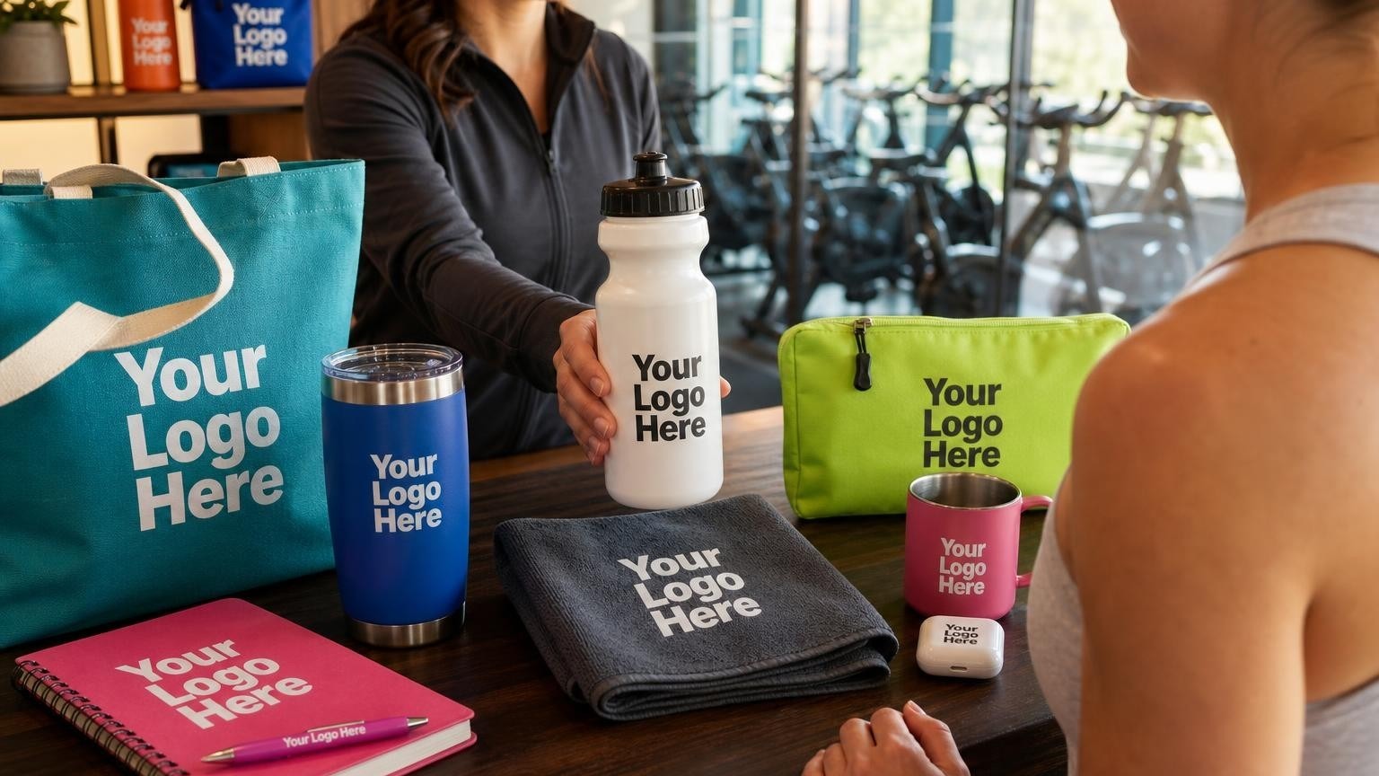 A custom sports water bottle and folded microfiber towel on a boutique cycling studio front counter with blurred stationary bikes in the background.
