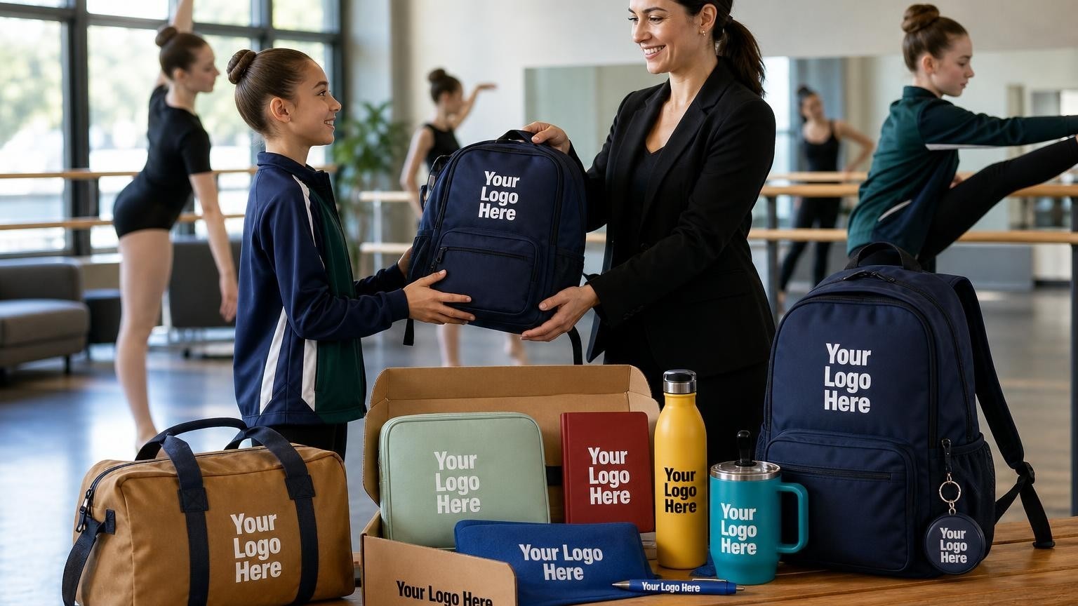 A custom embroidered travel backpack being handed to a dancer in a studio lobby, representing elite team branding and travel readiness.