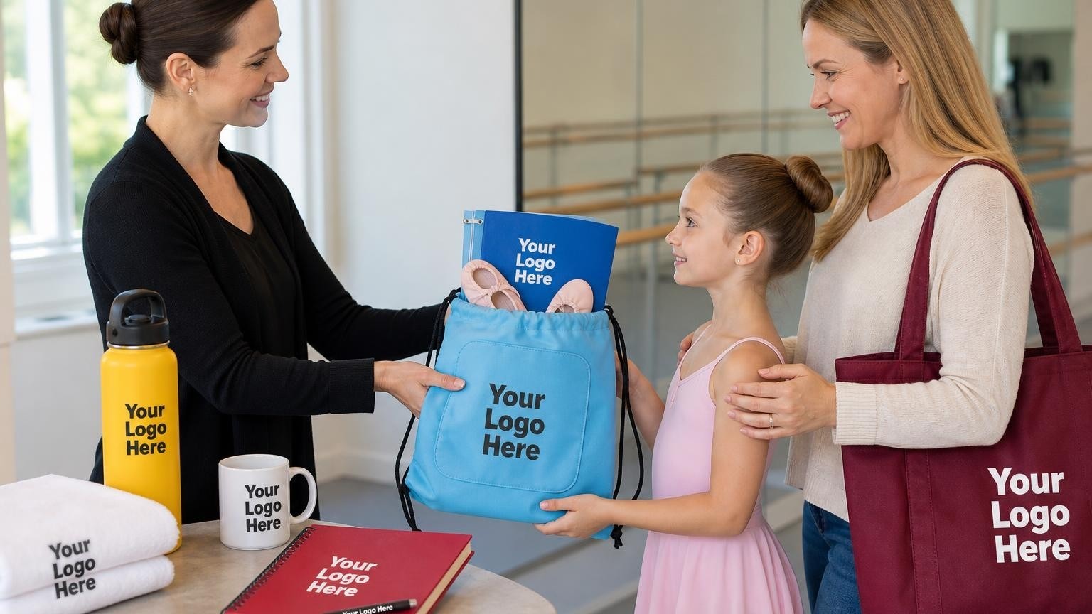 A dance studio owner handing a custom drawstring shoe bag containing ballet slippers to a young dancer and her mother in a bright studio lobby.