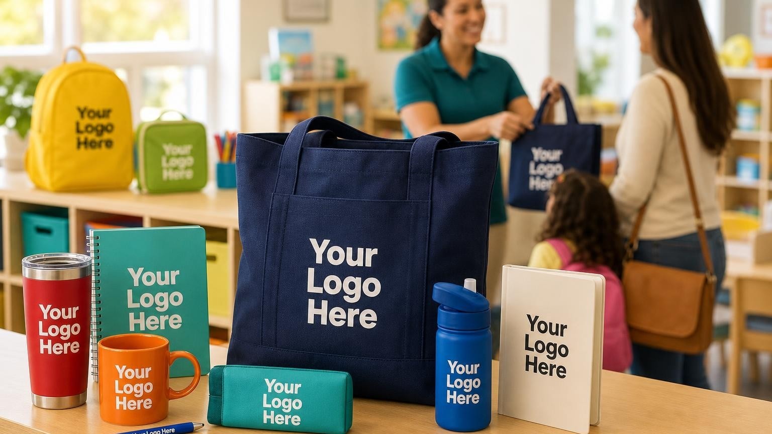 A custom navy welcome tote bag and toddler water bottle sitting on a wooden cubby shelf in a bright, organized daycare lobby.