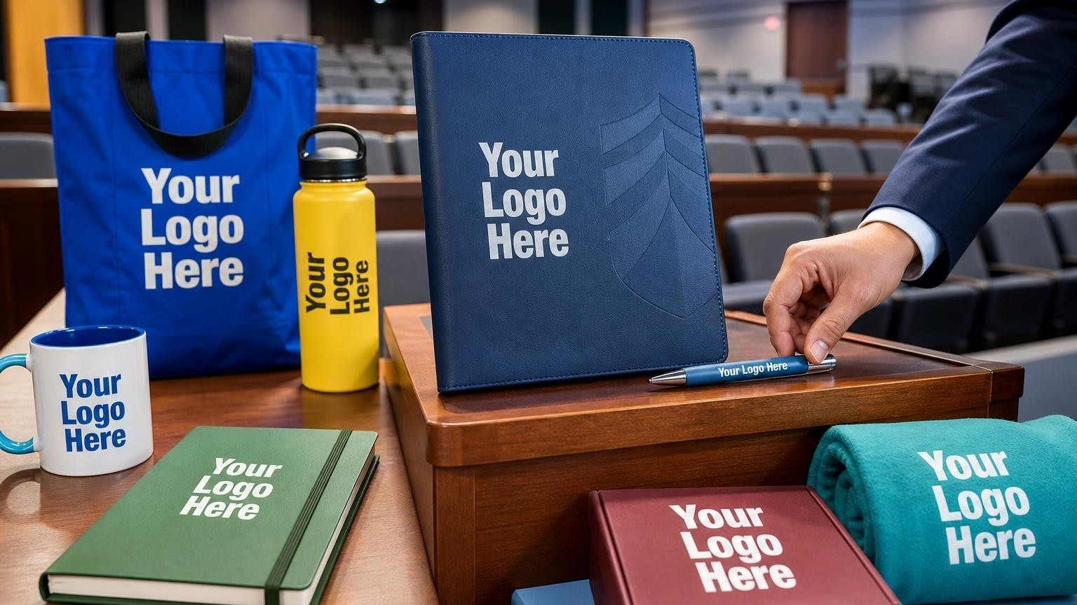 A custom navy blue portfolio and pen resting on a wooden podium in a university lecture hall, projecting a professional academic image.