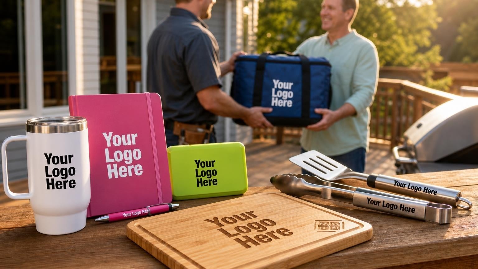 A custom-engraved bamboo cutting board and barbecue tool set resting on a newly completed cedar deck railing, with a builder handing a cooler bag to a homeowner in the background.