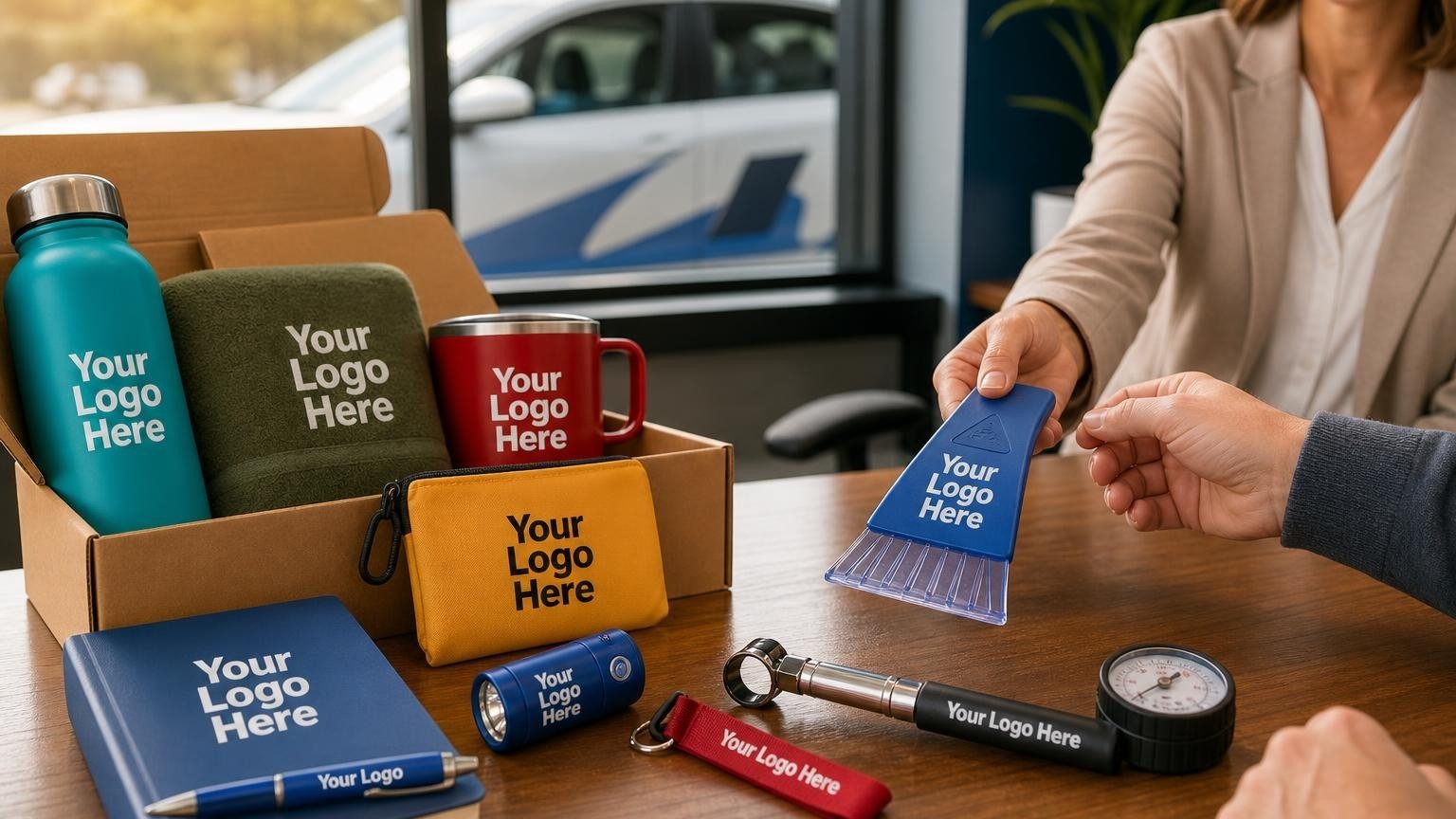 A custom tire pressure gauge and ice scraper being handed across a desk in a local insurance office, with a driving school car visible outside.