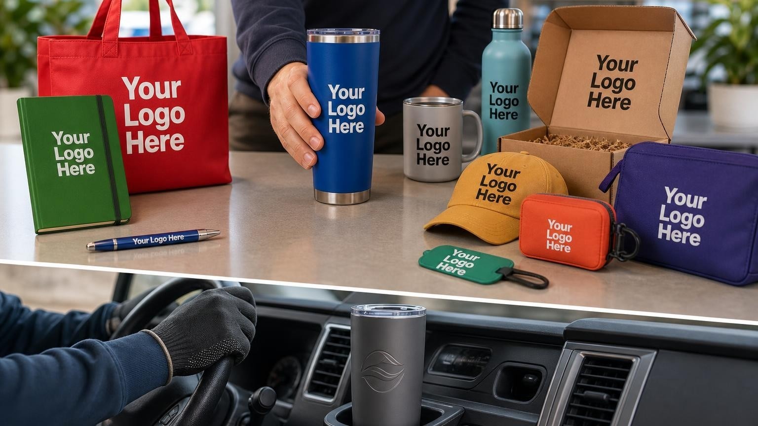 A custom branded insulated travel tumbler sitting securely in a delivery van cup holder during a morning shift.