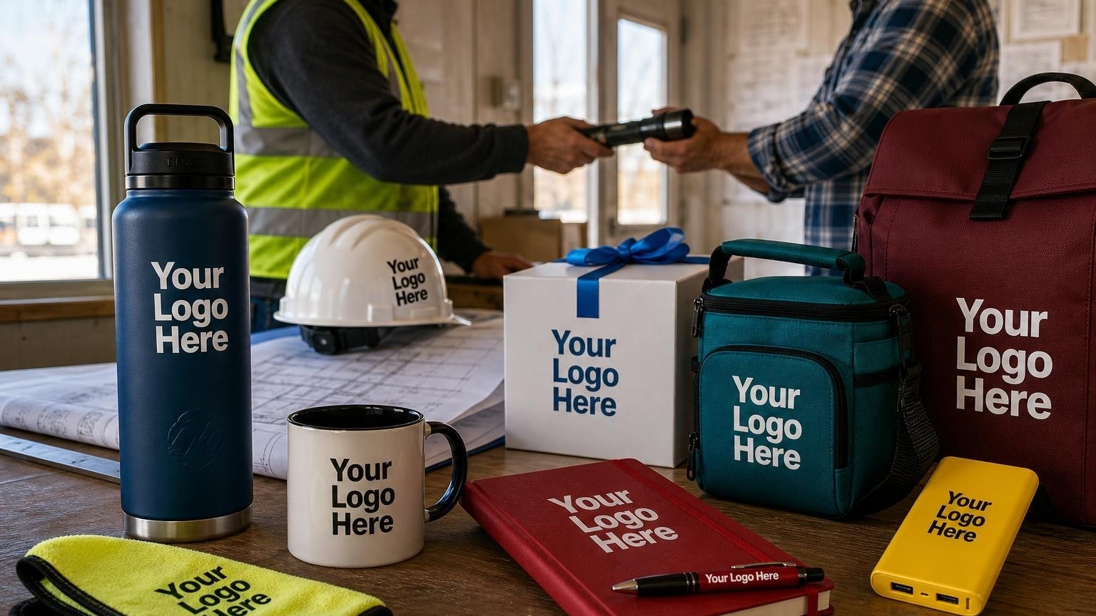 A rugged co-branded insulated flask and tactical flashlight on a wooden table inside a demolition job trailer with blueprints in the background.