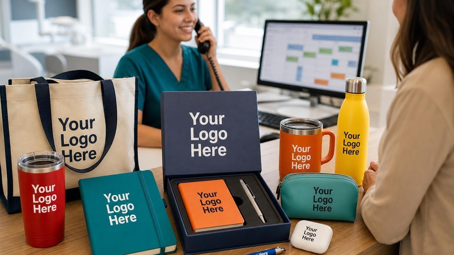 A professional onboarding welcome box containing a custom note jotter and a metal stylus pen on a dental reception desk.