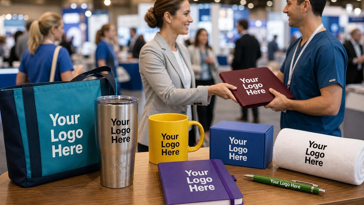 A custom stainless steel tumbler and portfolio branded with a subtle geometric emblem on display at a dental convention booth.
