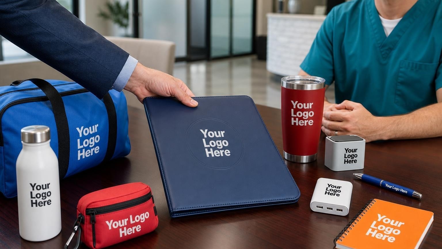 A custom leather portfolio being presented to a dentist in scrubs by a consultant on a polished mahogany conference table.