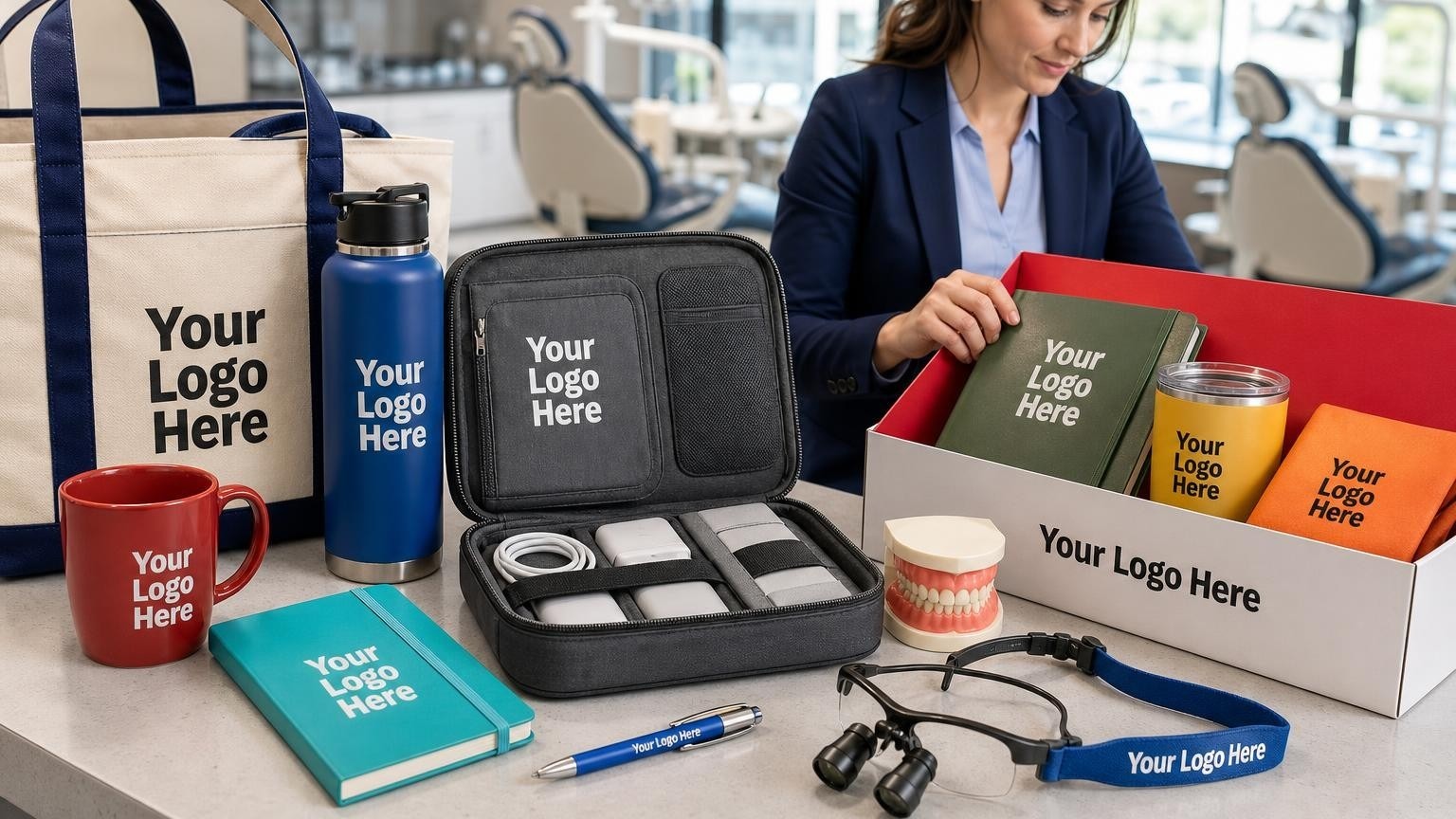 A professional-grade zippered tech organizer open on a clinical training table next to a dental model and custom-branded loupe strap in a modern training clinic.