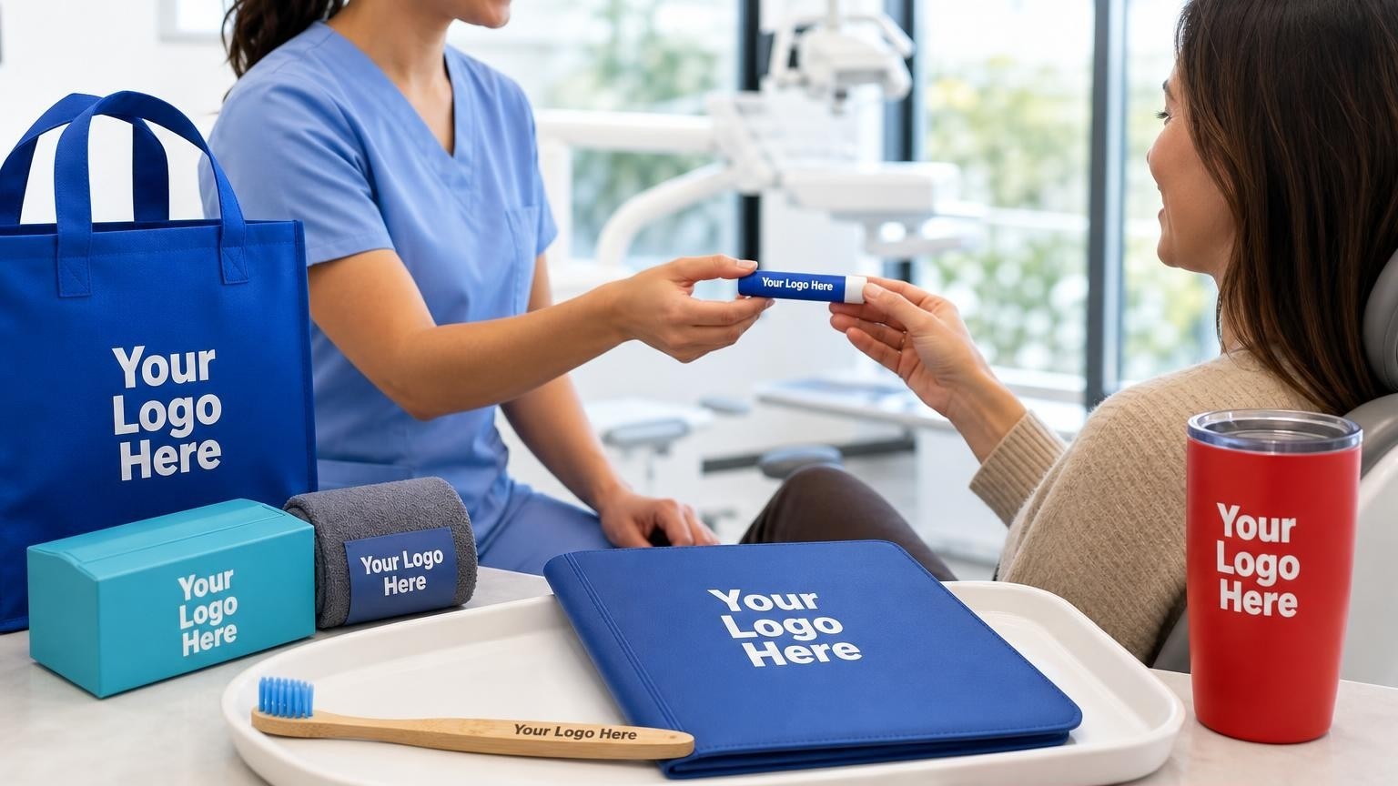 A professional bamboo toothbrush and custom lip balm being handed to a patient in a modern dental hygiene clinic bay.