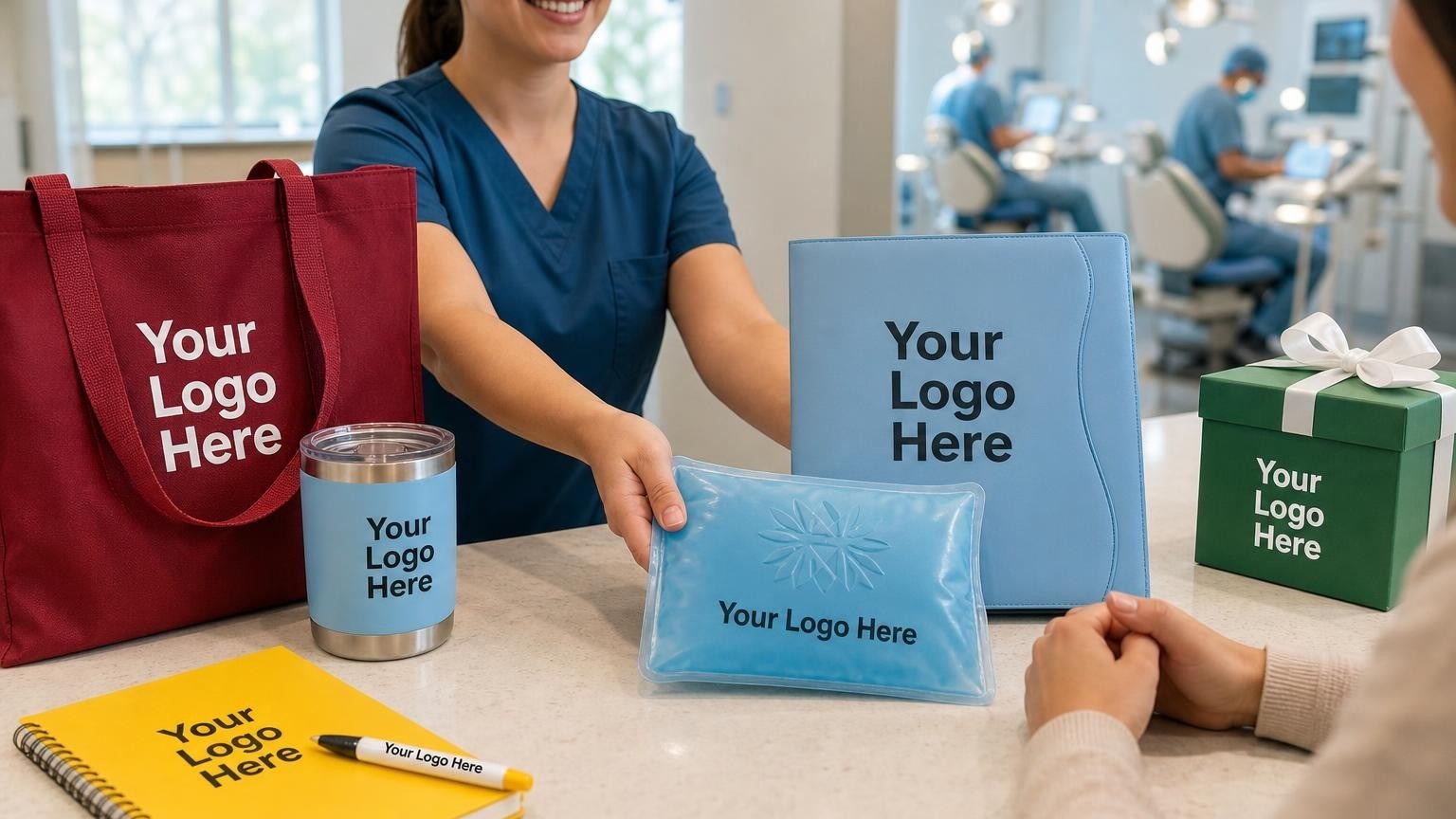 A custom gel cold compress and recovery folder being handed over at a dental implant center counter.