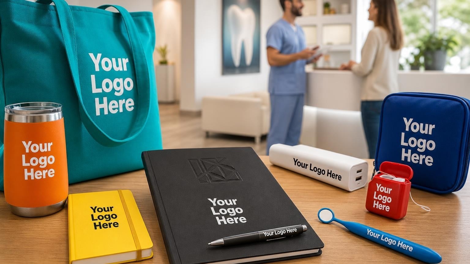 A professional custom note jotter and pen resting on a modern dental clinic reception desk with a dentist in the blurred background.