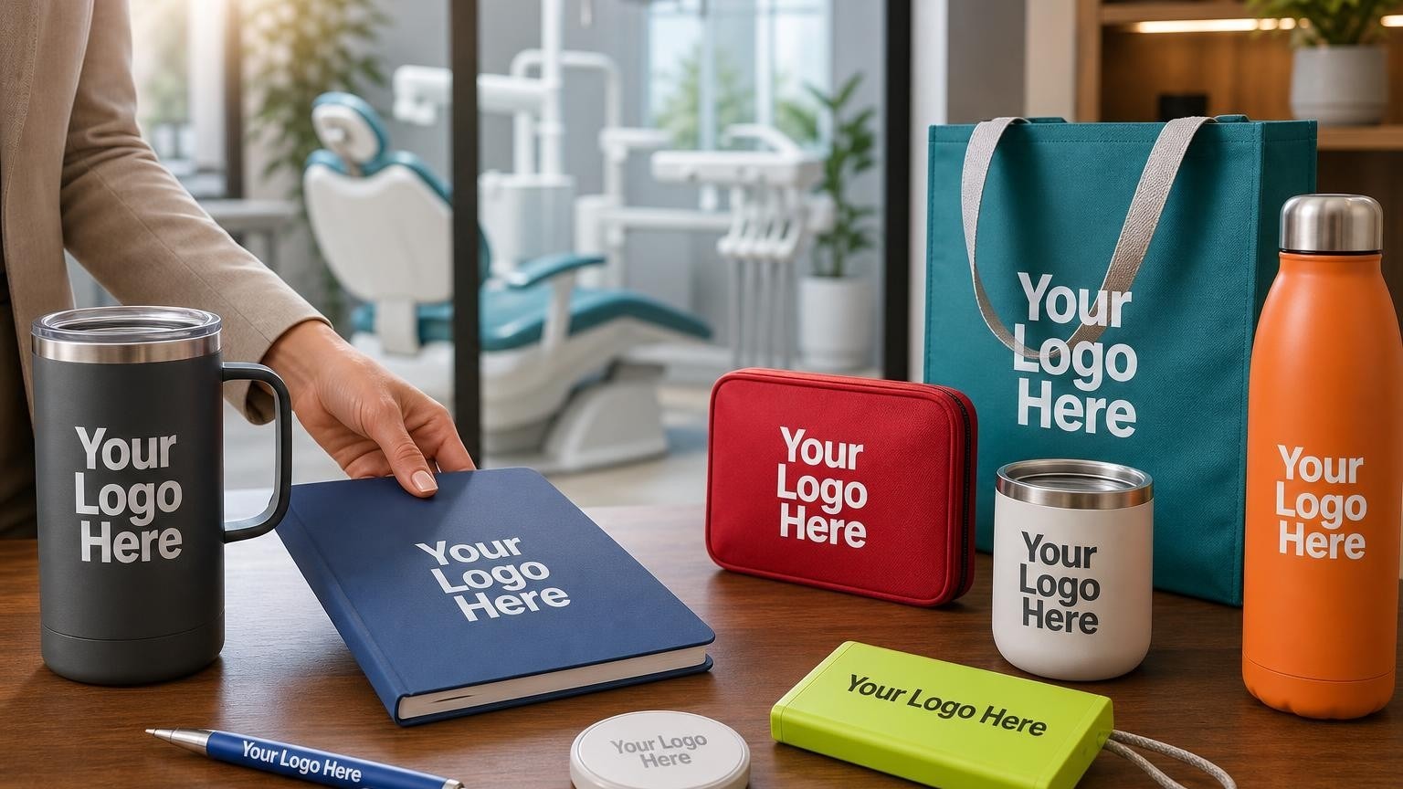 A high-quality custom travel mug and clinical notebook set on an executive desk in a dental office, representing professional onboarding gifts for placed dentists.