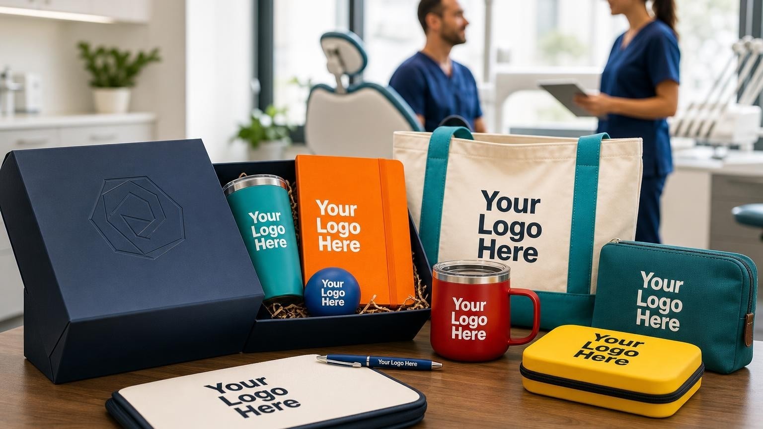 A premium custom welcome box on a desk in a modern dental clinic with a dentist in the background.