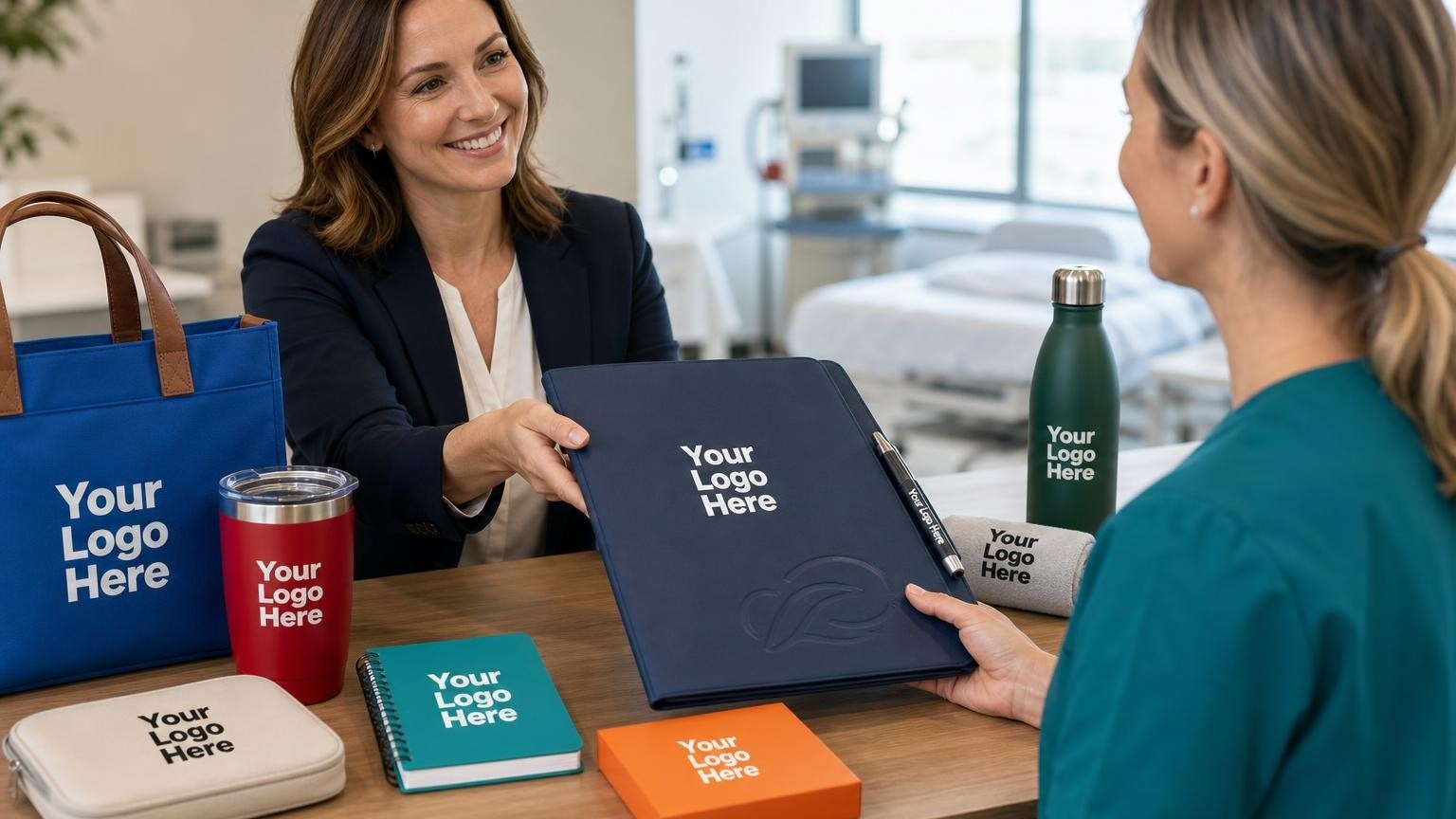 A dental sleep coordinator handing a professional referral folder and custom pen to a sleep lab coordinator at a clinic reception counter.