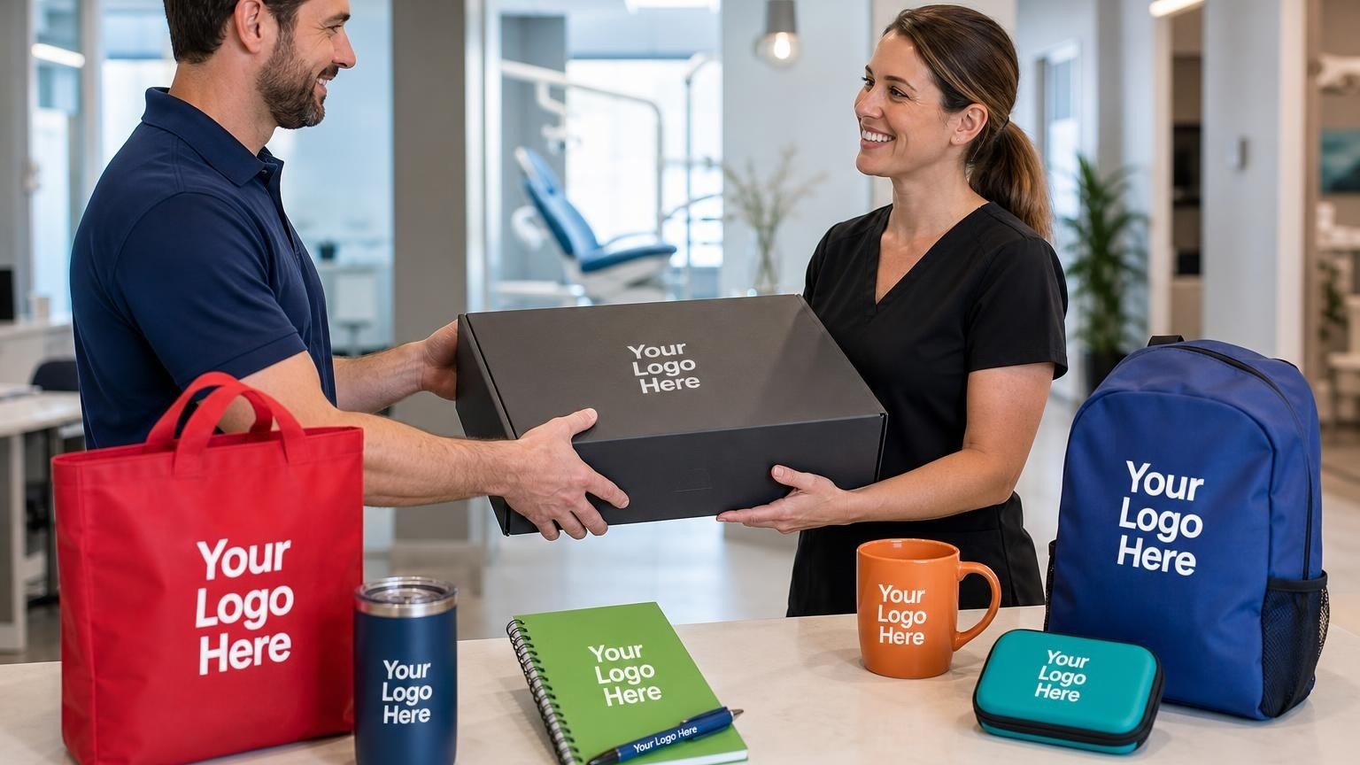 A custom welcome box being handed to a dental practice manager at a modern clinic reception desk.