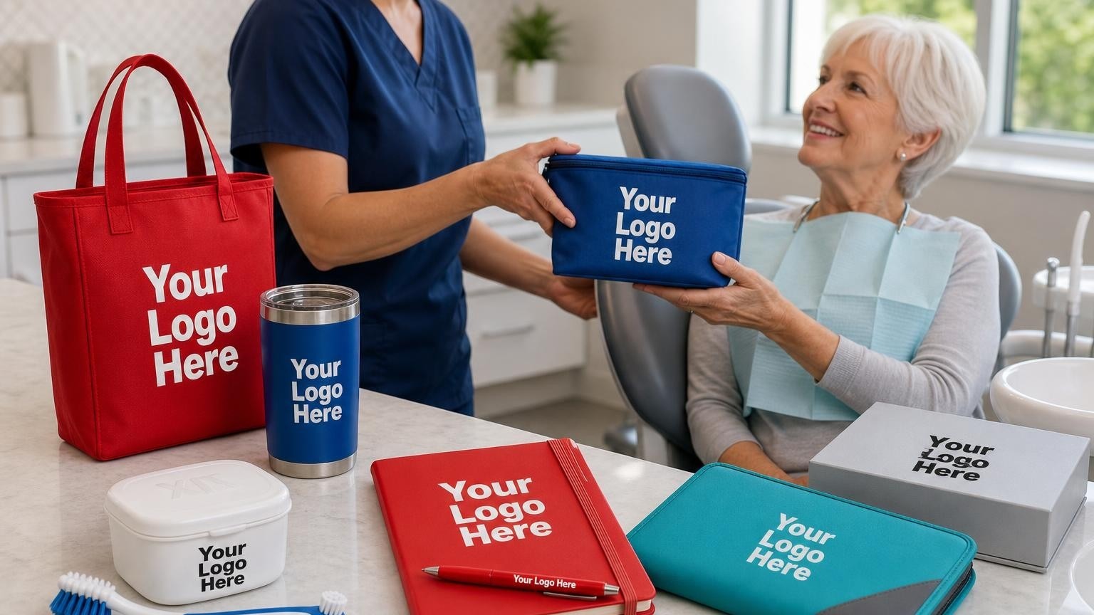 A high-quality custom denture bath and cleaning brush being handed to a patient in a dental clinic operatory.