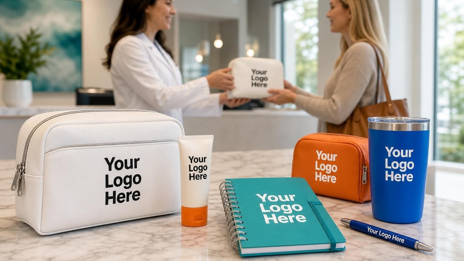 A high-quality custom clinical skincare kit on a marble counter in a professional dermatology office.