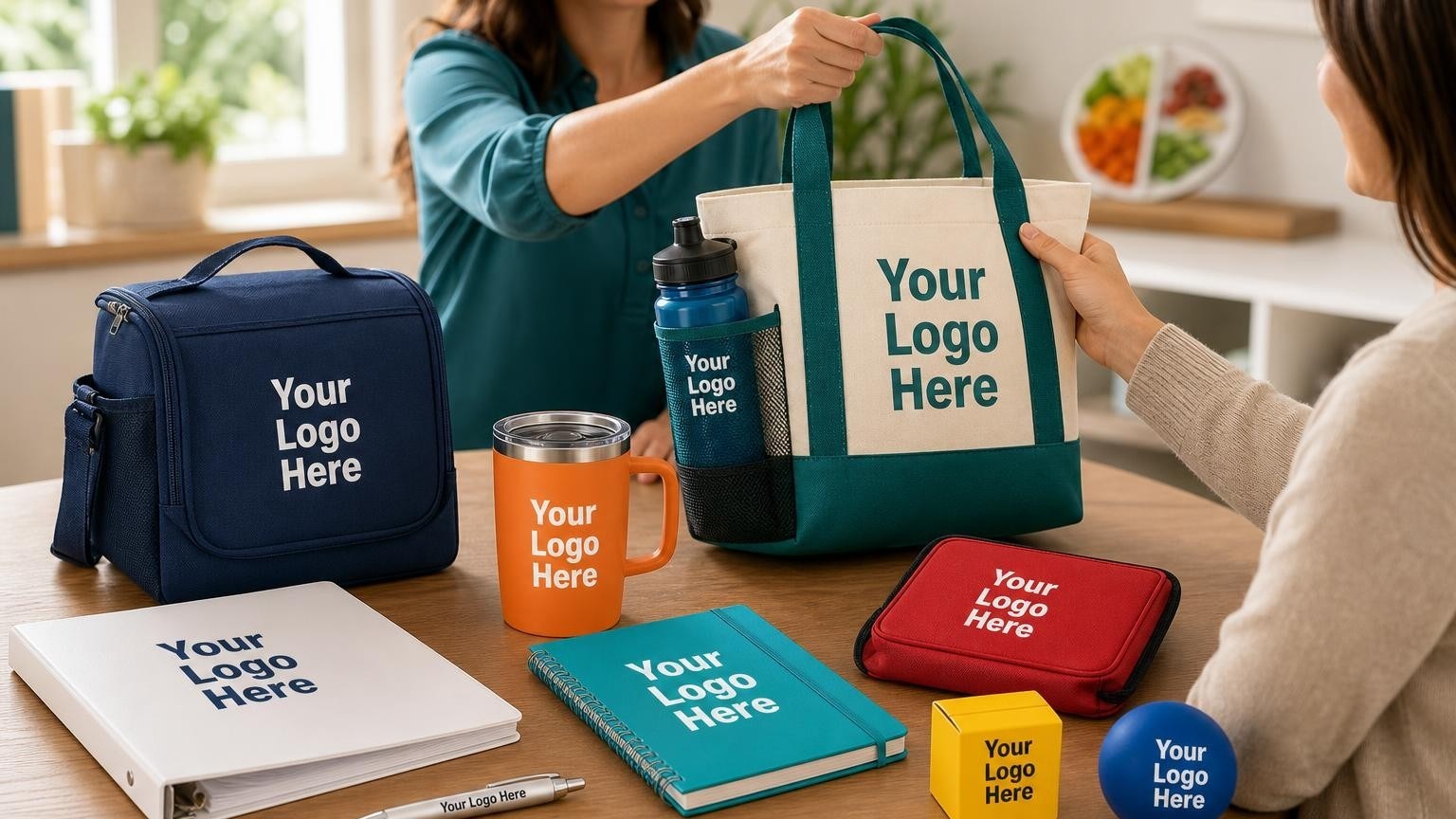 A custom navy blue insulated lunch bag and a silver pen on a consultation table in a bright diabetes education center.