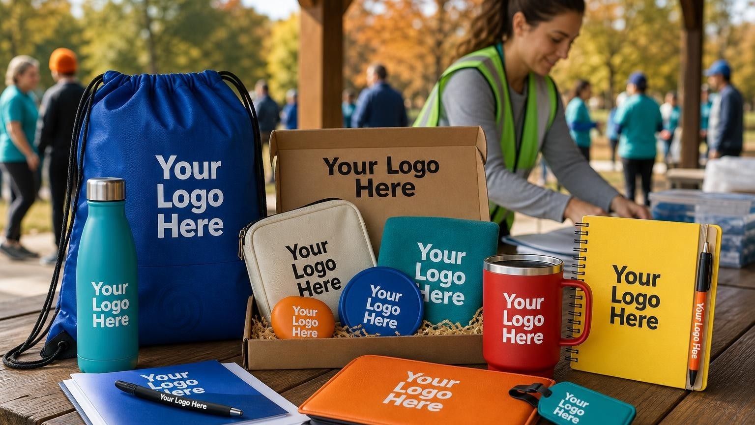 A custom blue drawstring bag and registration materials on a table under a park pavilion during an autumn fundraising walk setup.