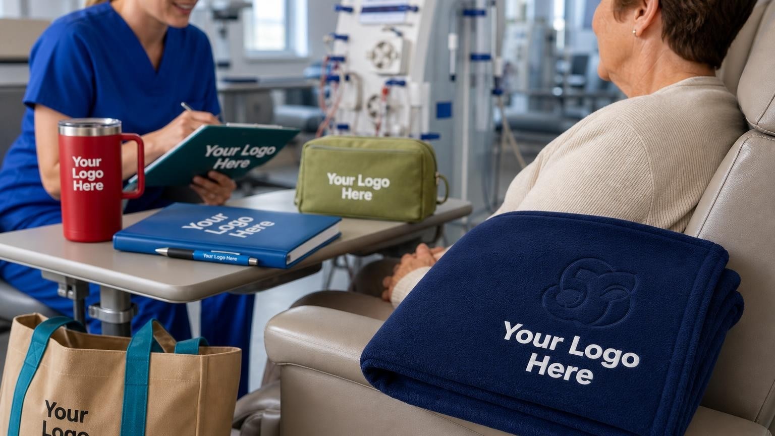 A custom navy fleece blanket resting on a vinyl clinical chair in a dialysis center, with a nurse and insulated tumbler in the background.
