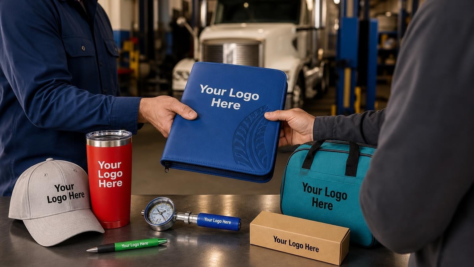 A rugged tire pressure gauge and heavy-duty zippered document folder on a diesel repair shop counter with a semi-truck in the blurred background.
