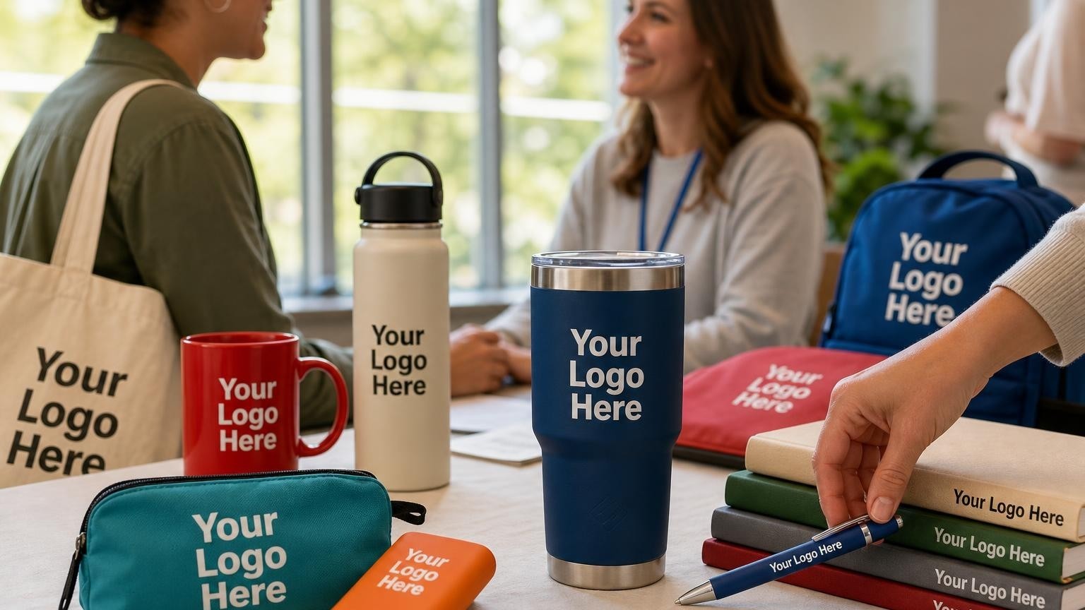 A high-end custom insulated travel tumbler and soft-cover journals arranged on a community center registration table under soft natural light.