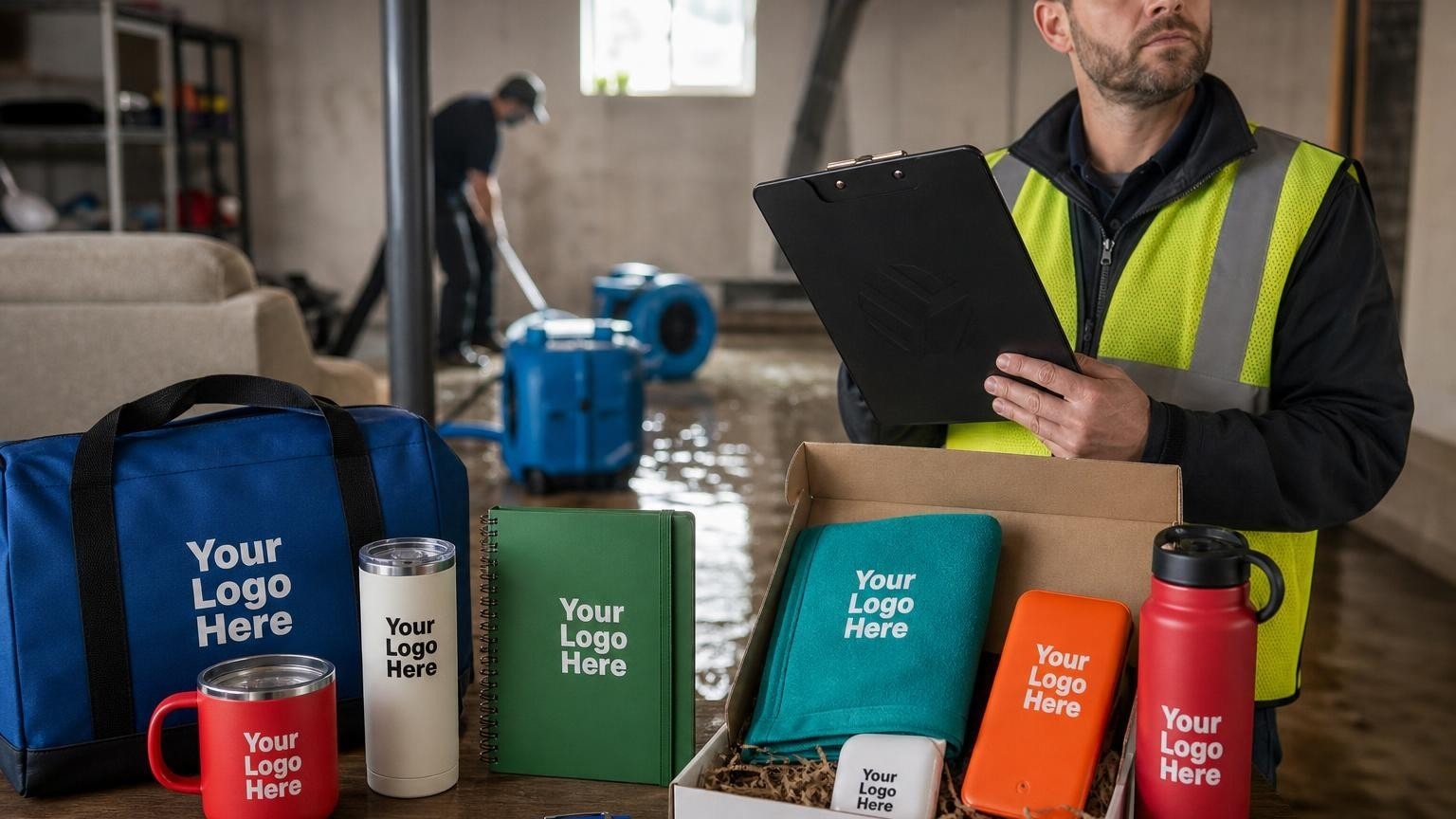 An insurance adjuster holding a custom waterproof clipboard while inspecting a water-damaged commercial basement.