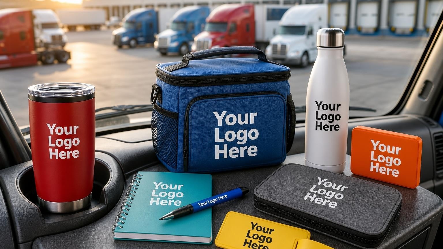 A custom insulated travel mug sitting in a truck cab cup holder with a blurred freight terminal in the background.