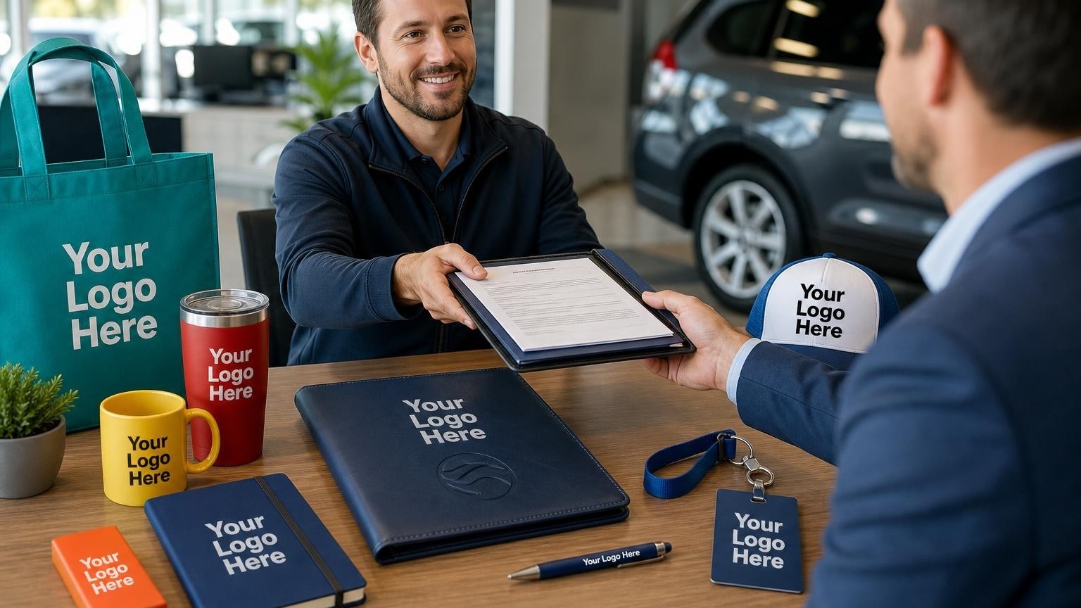 A custom leatherette document wallet and metal pen on a desk during a vehicle registration handoff at a dealership.