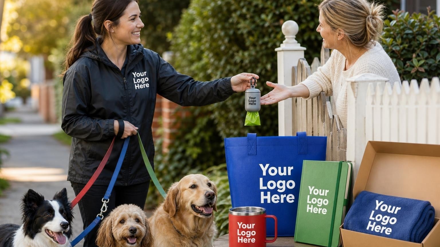 A professional dog walker wearing a branded jacket managing three dogs while handing a custom pet waste bag dispenser to a neighbor on a suburban sidewalk.