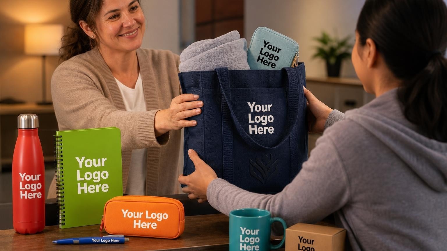 A shelter director handing a discreet, unbranded navy canvas welcome tote bag containing a fleece blanket and personal care items to a resident in a warm, softly lit intake room.