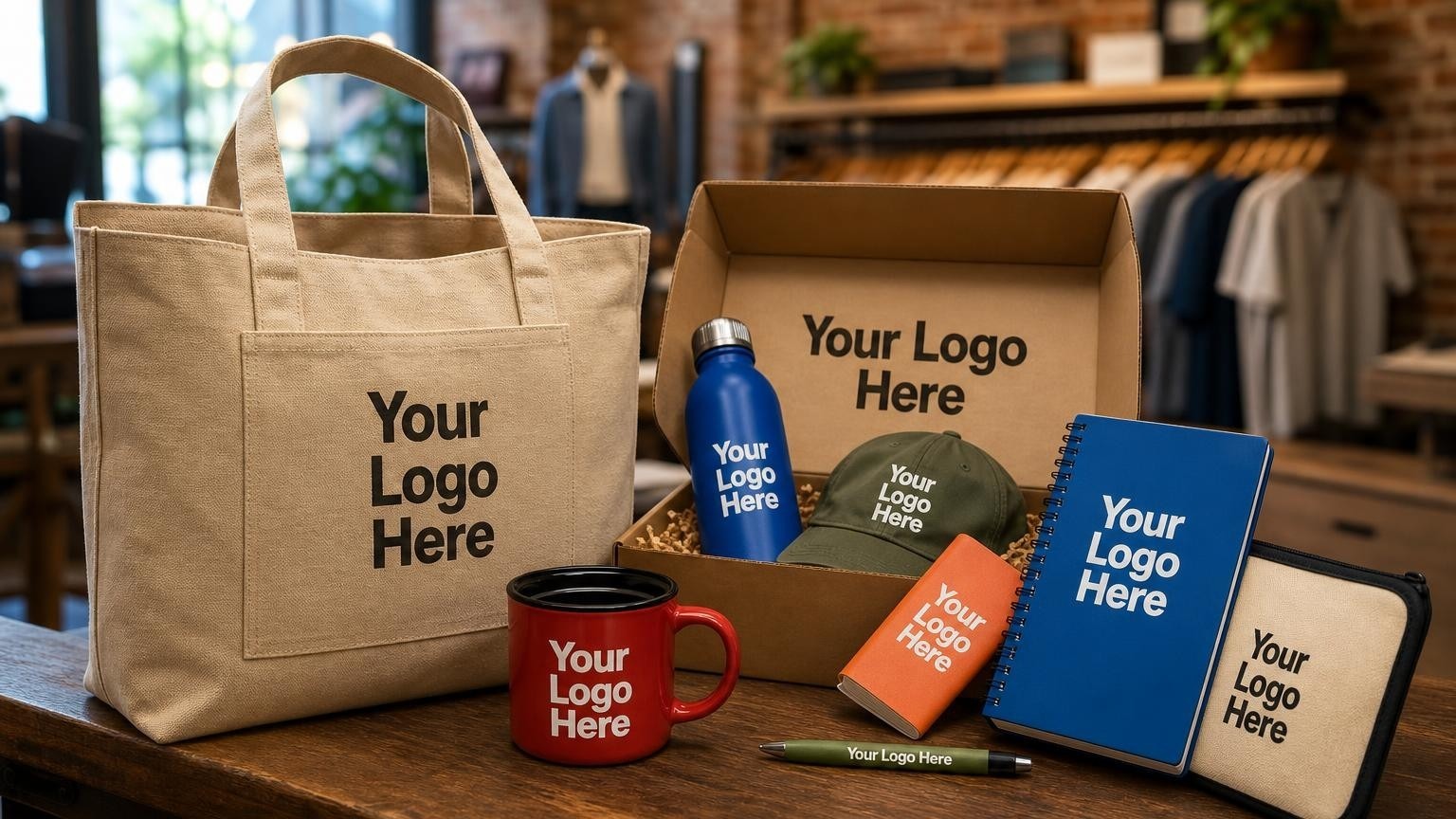 A custom canvas welcome tote bag and ceramic mug sitting on a boutique checkout counter, representing a downtown association's merchant onboarding kit.