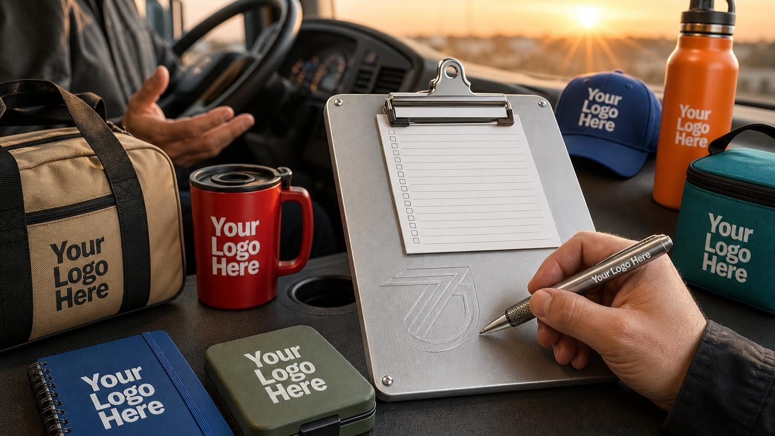 A heavy-duty aluminum storage clipboard with a custom emblem resting on a truck dashboard during a morning inspection.
