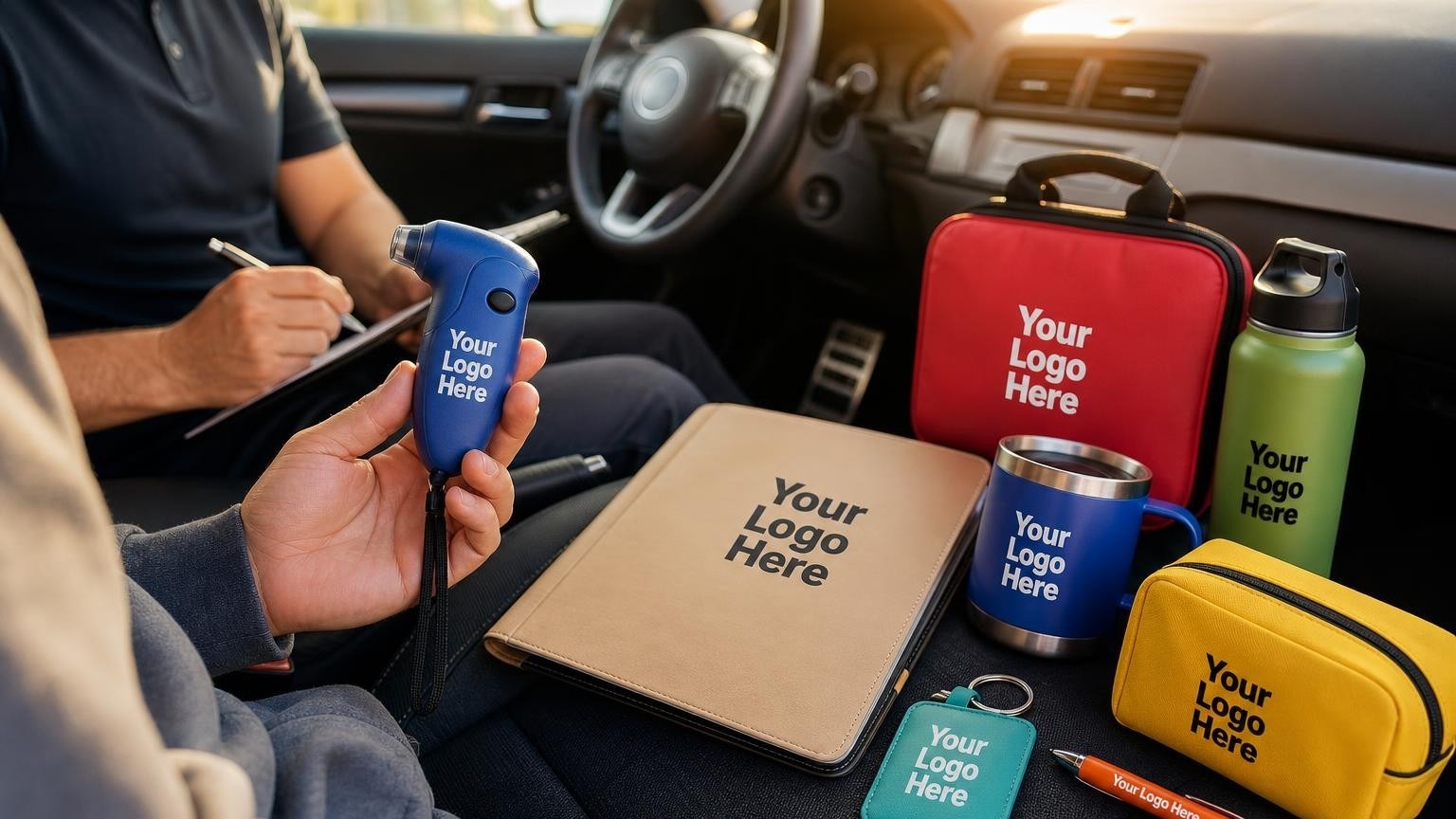 A custom tire pressure gauge and welcome folder inside a dual-control training vehicle, showcasing safety-focused promotional gear for driving schools.