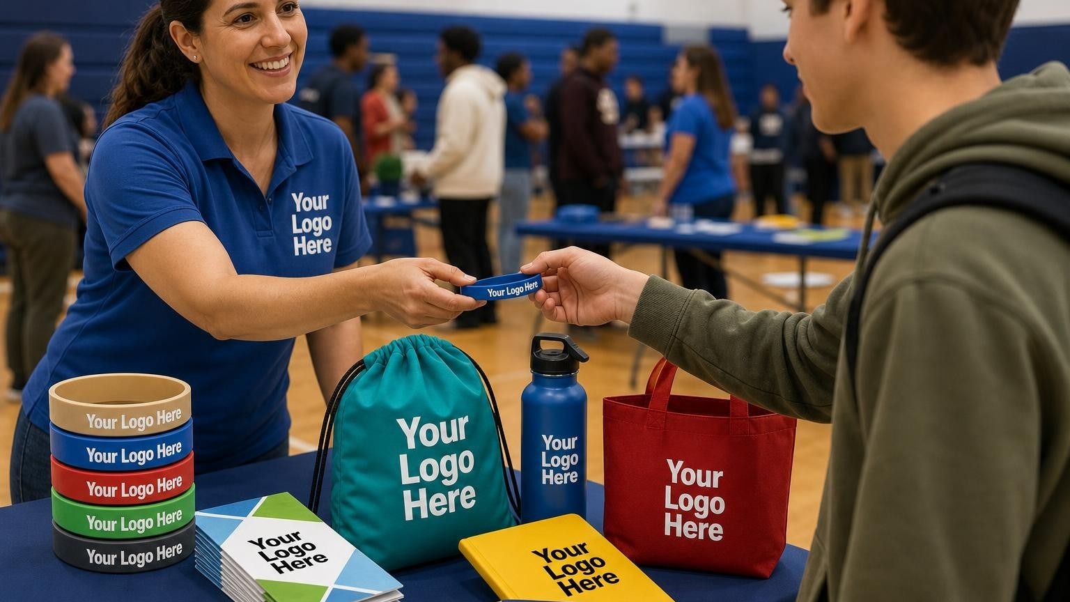 A community outreach coordinator hands a custom silicone wristband to a teenager at a high school health fair.