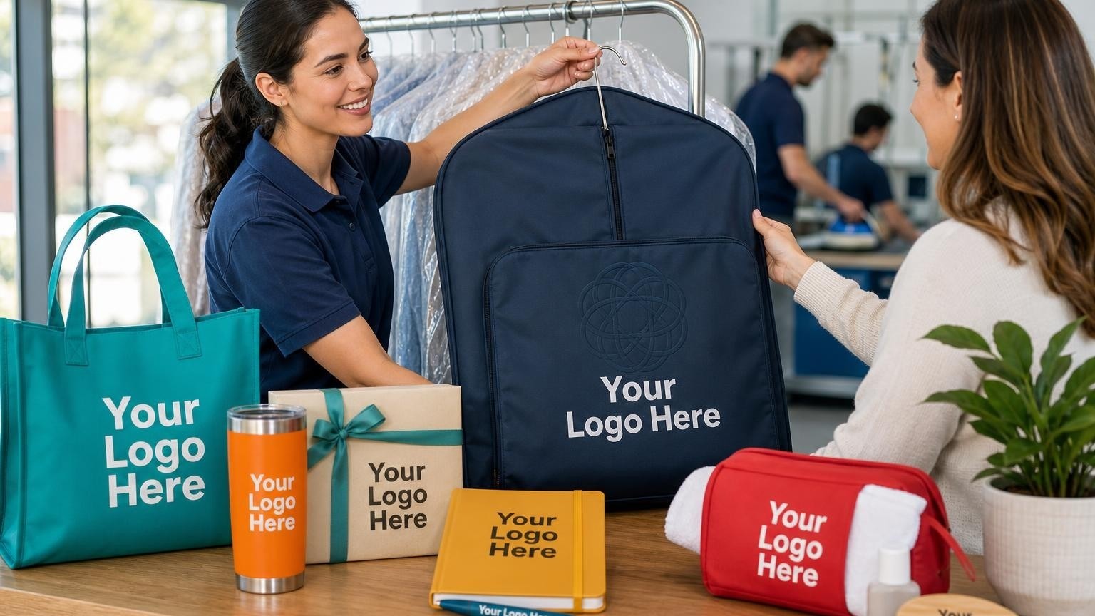 A custom navy blue reusable garment bag being handed to a customer over a dry cleaning counter.