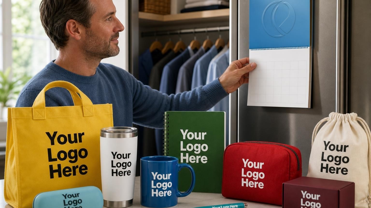 A custom magnetic calendar hanging on a refrigerator next to a closet with freshly pressed suits.