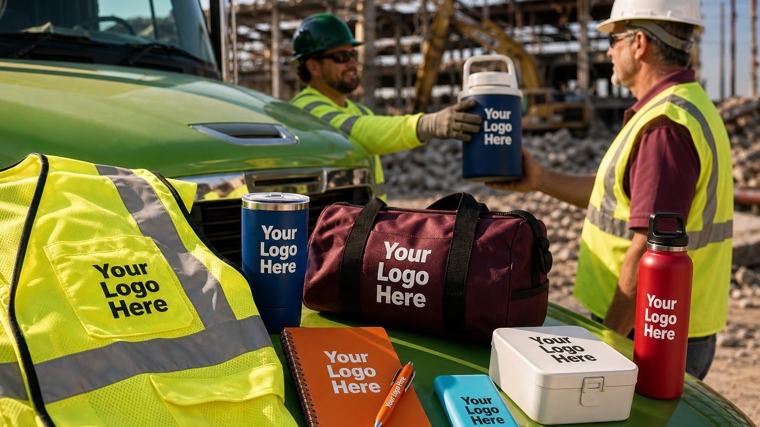 A custom branded safety vest resting on a roll-off truck hood on an active commercial demolition site.