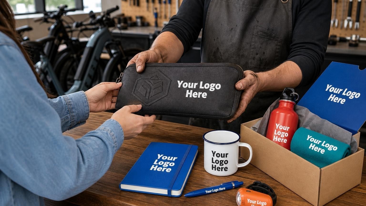 A custom-branded heavy-duty canvas tool pouch being handed over to a customer at an electric bicycle shop counter.