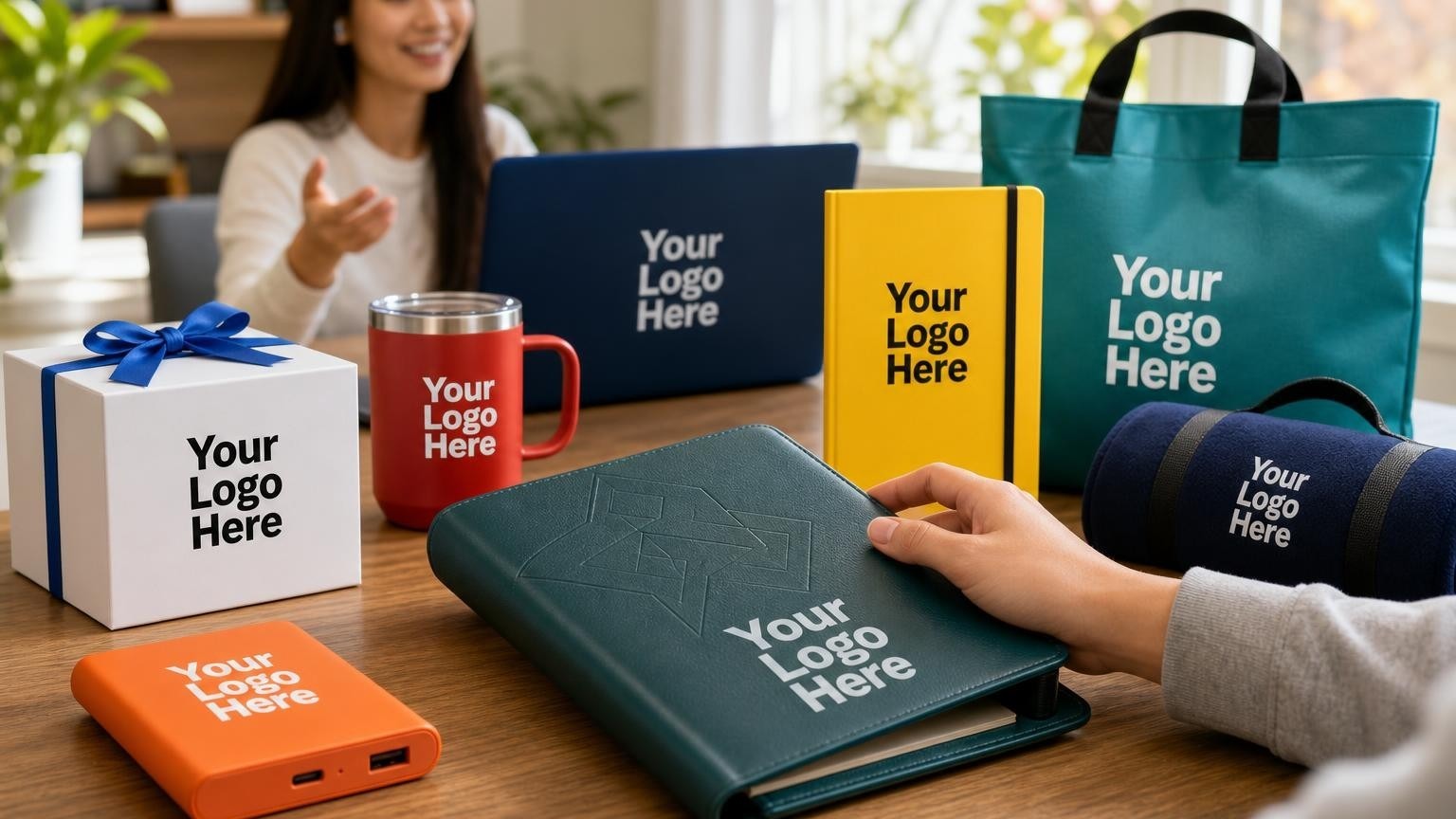 A premium debossed welcome portfolio and power bank on a remote student's desk in a bright home office.