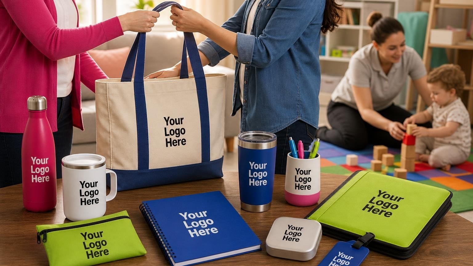 A custom canvas welcome tote bag resting on a living room table while an early intervention therapist works with a toddler in the background.