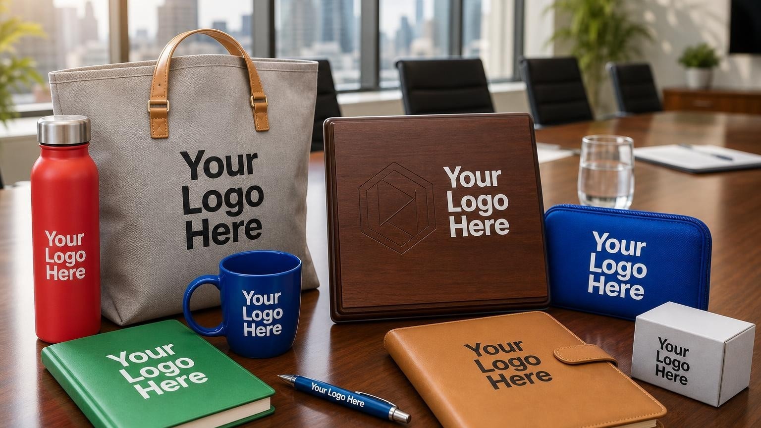 A custom engraved wooden plaque resting on a polished boardroom table in a bright economic development agency office overlooking a city skyline.