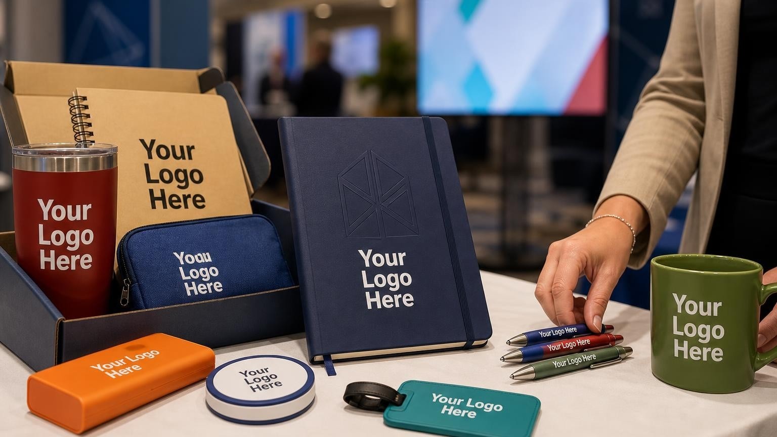 A custom academic planner and stylus pens displayed on a table at an education conference booth.