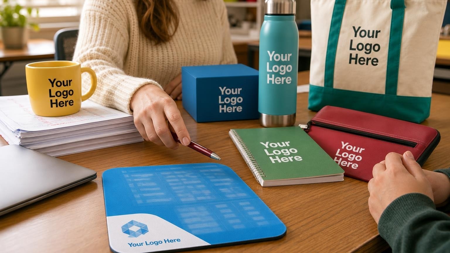 A custom shortcut mouse pad on a teacher's desk next to a laptop and graded papers in a warm classroom setting.
