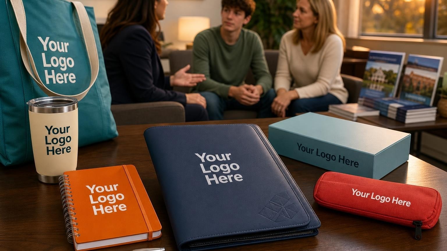A custom navy blue portfolio and polished pen on a consultant's desk during a family meeting.