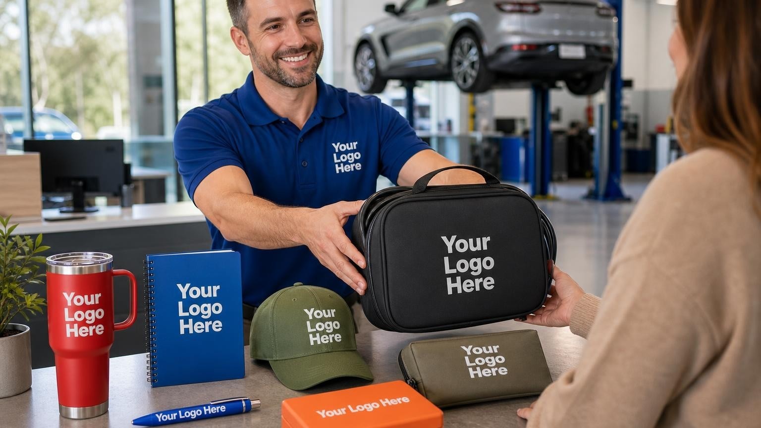 A custom-branded black charging cable storage bag being handed to a customer over a clean counter at an electric vehicle service center.