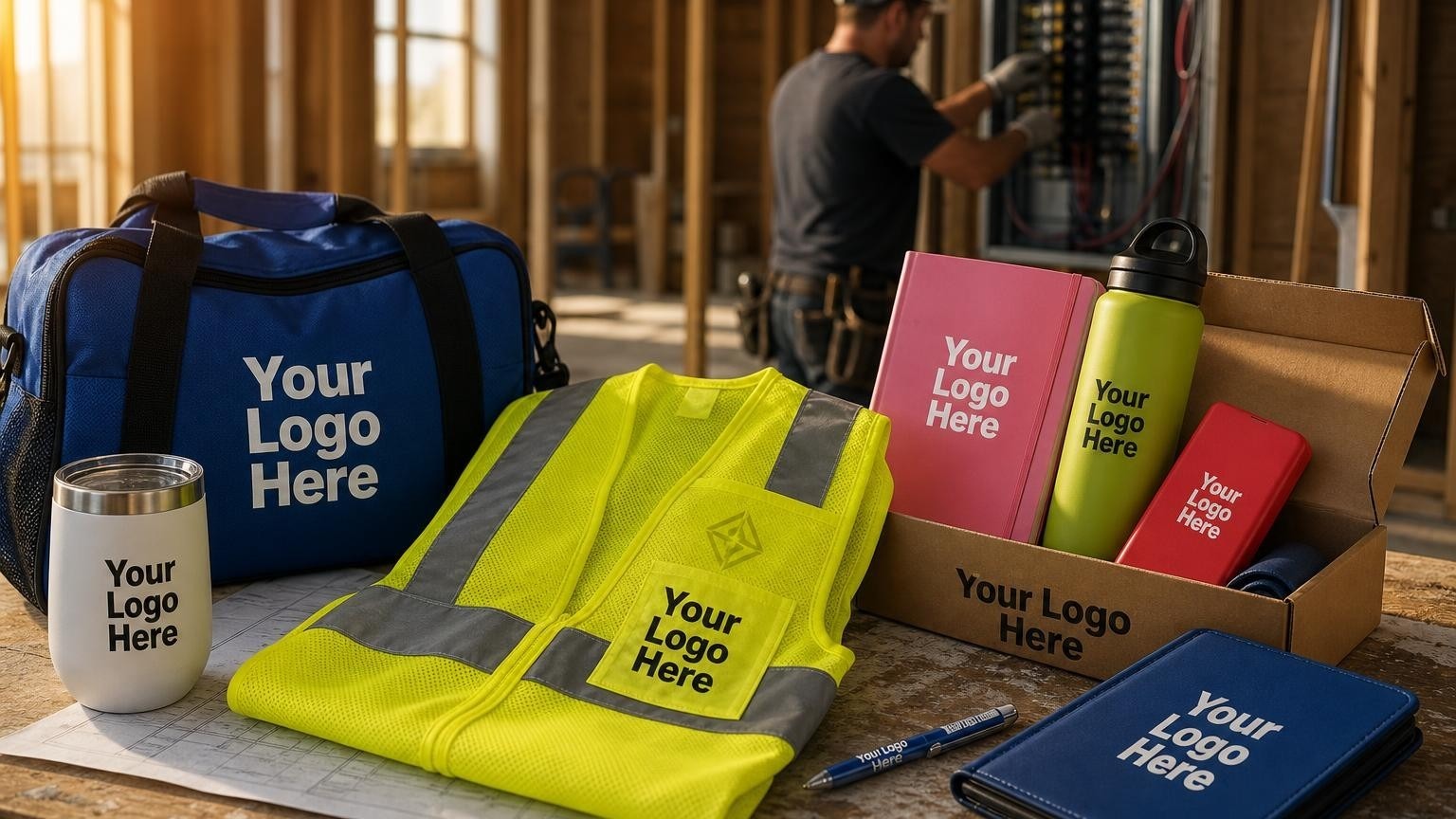 A custom branded high-visibility safety vest resting on a blueprint table at an active commercial construction site.