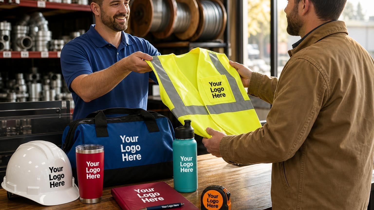 An electrical supply house counter representative handing a custom safety vest to a contractor during the morning counter rush.