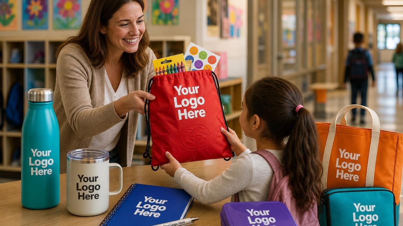 A teacher handing a custom drawstring welcome bag to an elementary student in a school hallway.